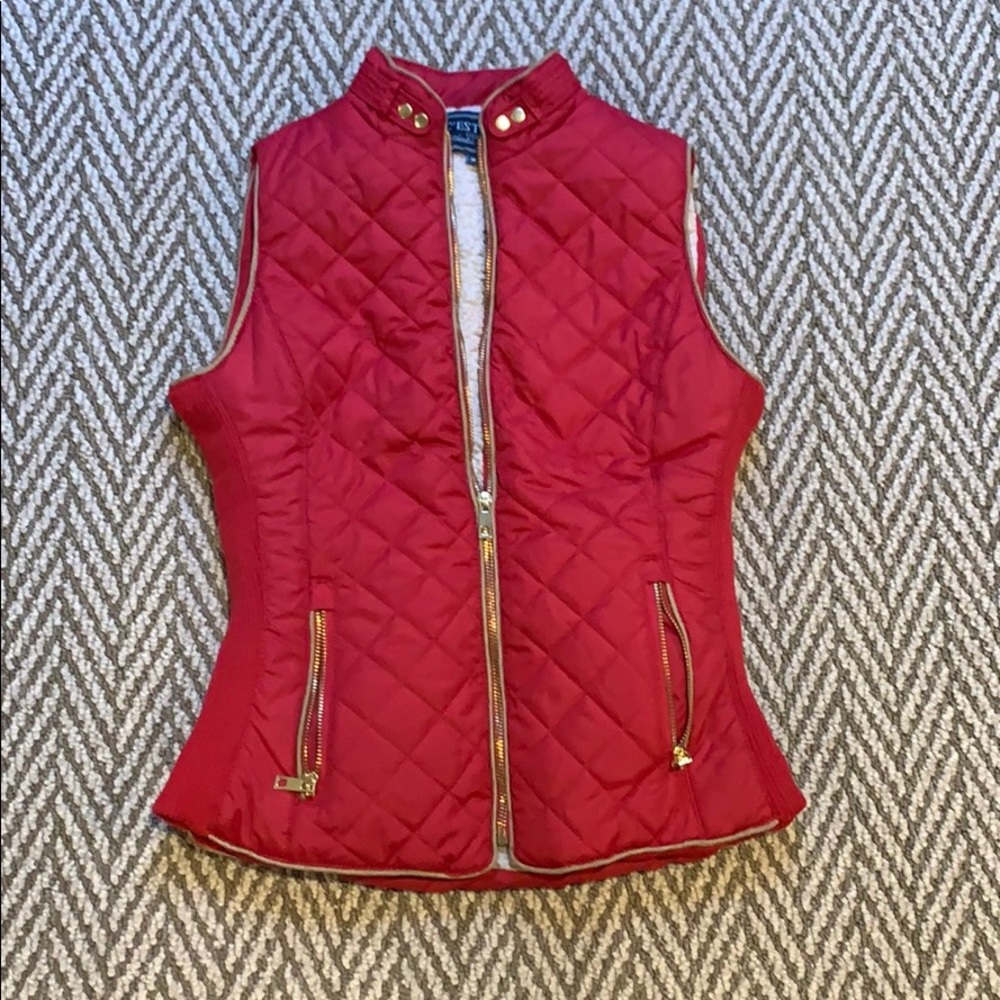 Red quilted and fuzzy vest with gold accents